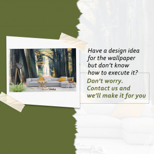 Interior design featuring a forest wallpaper and a modern living room setup with text promoting design consultation services.