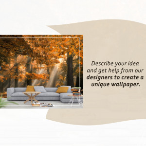 Living room with a large autumn forest wallpaper mural