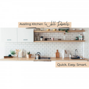 White kitchen with wooden shelves and subway tile backsplash