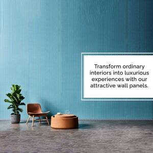 Blue textured wall panels in a modern living room setting with furniture and plants.