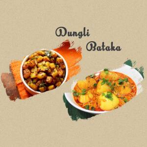 Two servings of Dungli Bataka, a traditional potato curry, presented in white bowls with orange and green accents.