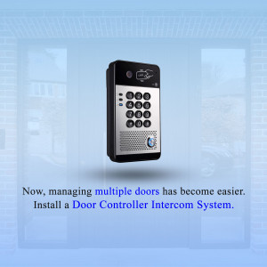 Black door controller intercom system with keypad and screen