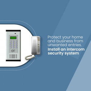 White intercom system on a blue background with text promoting home and business security.