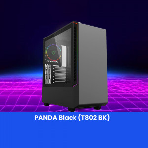 Black gaming PC case with RGB lighting on a futuristic background