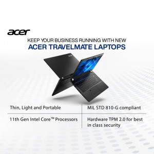 Acer TravelMate laptop showcasing its portability and features for business use.