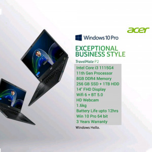 Acer TravelMate P2 laptop with Windows 10 Pro, featuring Intel Core i3 processor and 14" FHD display.