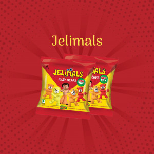Two packets of Jelimals Jelly Bears candy with cartoon characters on a red background.