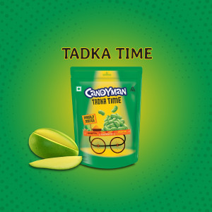 A promotional image of Candyman Tadka Time mango flavored snack.