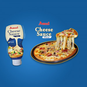 Amul Cheese Sauce bottle and a pizza with melting cheese
