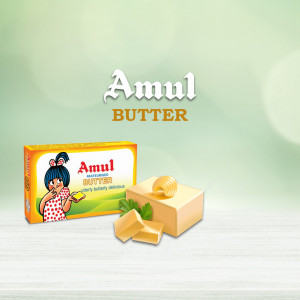 Amul Butter product shot with the Amul girl mascot