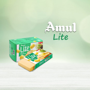 Amul Lite cheese block and packaging on a white surface