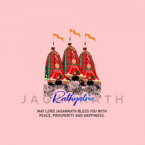 Illustration of three Rath chariots during the Rath Yatra festival with a crowd and text.