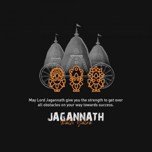 Illustration of Jagannath Rath Yatra chariots with a devotional message.
