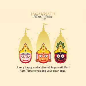 Illustration of Jagannath Puri Rath Yatra with three deities and flags