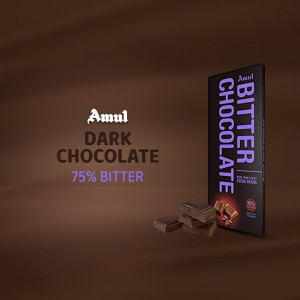 Amul 75% Bitter Dark Chocolate bar with broken pieces
