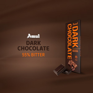 Amul Dark Chocolate bar with 55% cocoa content and a broken piece