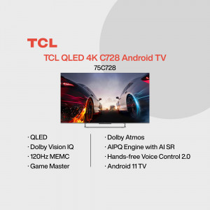 TCL QLED 4K C728 Android TV with a racing scene displayed on the screen