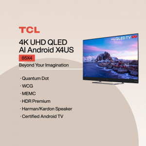 TCL 65X4 4K UHD QLED Android TV with a scenic mountain landscape displayed on the screen.