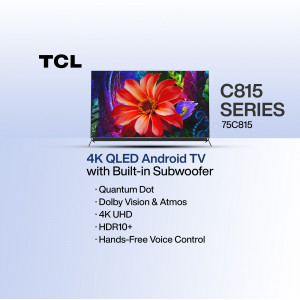 TCL C815 Series 4K QLED Android TV with vibrant flower display
