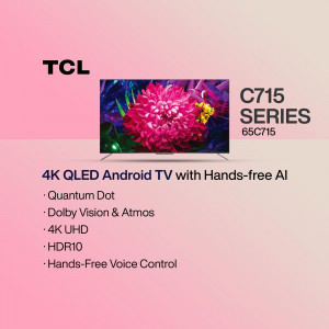 TCL C715 Series 65C715 4K QLED Android TV with a floral display