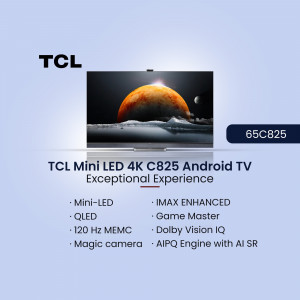 TCL 65C825 Mini LED 4K Android TV with a vibrant display showing a space scene.