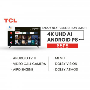 TCL 65P8 4K UHD Android Smart TV with features listed