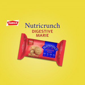 Pack of Parle Nutricrunch Digestive Marie biscuits against a yellow background