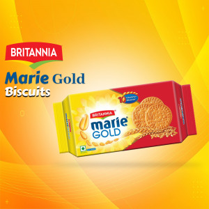 Close-up of Britannia Marie Gold biscuit packaging with biscuits and wheat stalks.