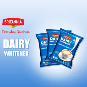 Three packets of Britannia Dairy Whitener with a cup of tea