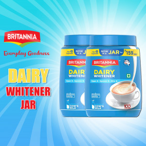 Two jars of Britannia Dairy Whitener with a cup of tea