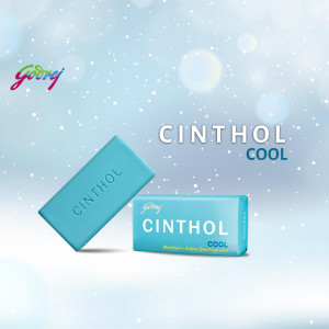 Cinthol Cool soap with a refreshing blue and white color scheme.