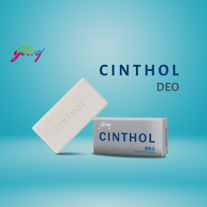 Cinthol Deo soap product shot on a blue gradient background