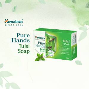 Himalaya Pure Hands Tulsi Soap product shot on a light green background
