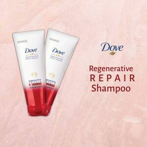 Two tubes of Dove Regenerative Repair Shampoo against a pink background.