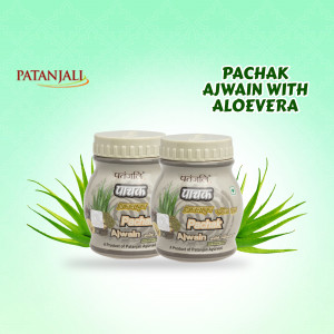 Two bottles of Patanjali Pachak Ajwain with Aloe Vera displayed with aloe vera leaves.