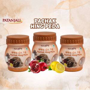 Three jars of Patanjali Pachak Hing Peda with pomegranate and lemon