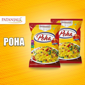 Two packets of Patanjali Poha with a close-up of the product and the Patanjali logo.