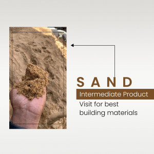 Close-up of sand held in a hand with text 'SAND Intermediate Product'