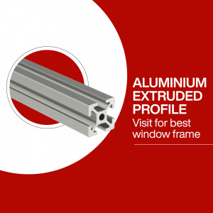 Close-up of an aluminum extruded profile with text promoting window frames