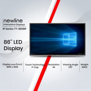 Newline Interactive IP Series TT-8619IP 86 inch LED display showing the Windows interface.