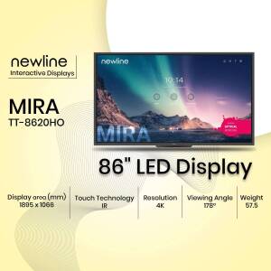 Newline MIRA TT-8620HO 86 inch LED Interactive Display showing a landscape background.