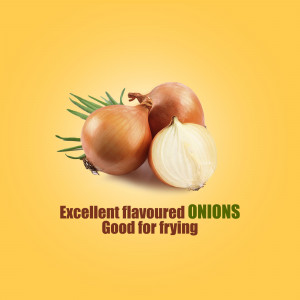 Close-up of three onions, one halved, on a yellow background with text.