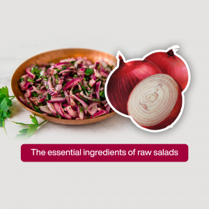 Close-up of a vibrant red onion salad with fresh ingredients