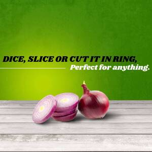 Image of sliced and whole red onion on a wooden surface with text promoting its versatility.