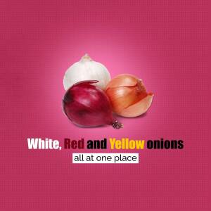 Close-up of white, red, and yellow onions on a pink background with text.