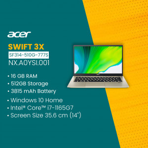 Acer Swift 3X laptop with specifications displayed