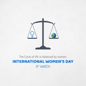 Scales of justice with female and male symbols balanced with the Earth, celebrating International Women's Day.