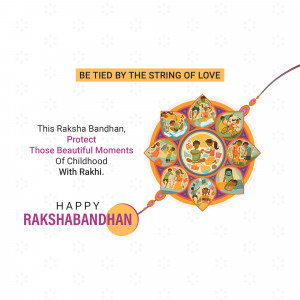 Raksha Bandhan greeting card with illustrations of siblings and a Rakhi.