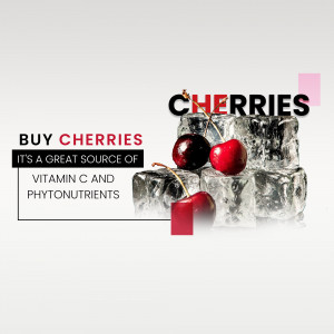 Cherries on ice with promotional text