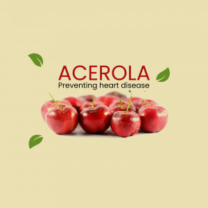 Pile of red Acerola cherries with green leaves and text promoting heart health.